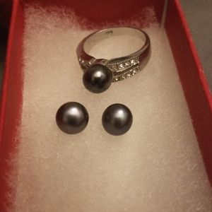 .925 lab created black pearl ring and stud set